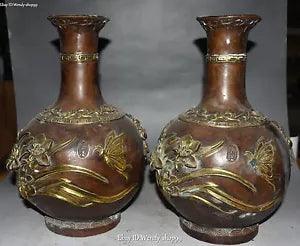 13" Antique Chinese Bronze Gild Palace Peony Flower Bottle Vase Jar Pot Pair