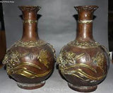 13" Antique Chinese Bronze Gild Palace Peony Flower Bottle Vase Jar Pot Pair