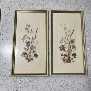 Vintage Framed Pressed Dried Flowers Wall Art Signed ???BE??? 12???X 6.5???