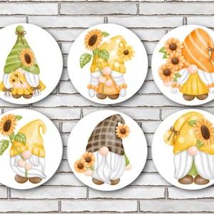 Sunflower Gnome Fridge Magnets, Pinback Button Pin or Scrapbook Flatback 1.25" Set Of 6 Sunflower Decor Or Gnome Gift