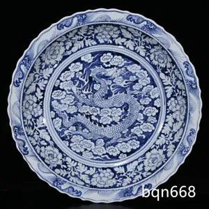 17.7" Antique yuan dynasty Porcelain Blue white cloud Dragon peony flowers plate