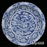 17.7" Antique yuan dynasty Porcelain Blue white cloud Dragon peony flowers plate