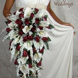 ANGIE BURGUNDY silk flowers babies breath roses calla lilies ivy bouquets bow ribbon satin stephanotis pearls, blossoms, rosebuds, diamond