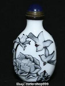 Qianlong Dynasty Marked Coloured Glaze Magpie Peony Flower Snuff Bottle Vintage
