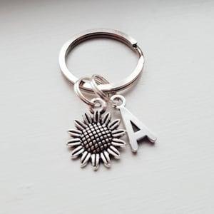 Small Sunflower Keychain With Initial Charm - Personalized Flower Key Chain - Bridesmaid Gift