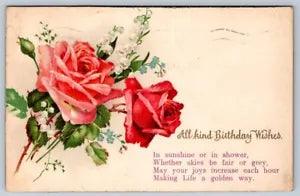 All Kind Birthday Wishes, Roses, Lily Of The Valley, Rhyme, 1929 Postcard
