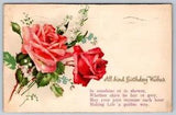 All Kind Birthday Wishes, Roses, Lily Of The Valley, Rhyme, 1929 Postcard