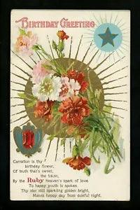 Birthday Month postcard Flower Birthstone July ruby carnation embossed gold trim