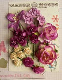 16 ROSES, 2 CARNATIONS & 1 LILLY - 19 Flowers PURPLE & CREAM - PAPER 15-45mm H23