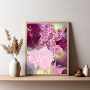 Orchids and Roses | colorful ART print | Pink Flowers Painting Print | Line Art Botanical Print | Abstract Floral Wall Art | Nature Decor