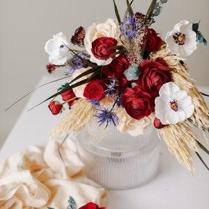 Scottish thistle & burgundy ranunculus, peonies boho bridal bouquet / white anemone bouquet / red wedding bouquet / pampas grass bouquet