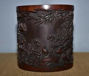 6.4" Old Chinese Bamboo Hand Carving Peony Flower Bird Pen Container Brush Pot