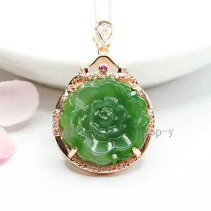 Natural Certified Hetian Jasper Peony Flower Jade Stone Carved Pendant Gift