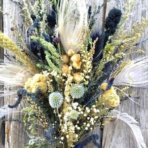 Vintage Bridal Bouquet Dried Flower Navy Blue Linen White Ivory Beige Globe Thistle Peacock Feather Rose