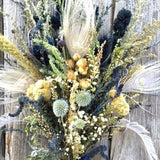 Vintage Bridal Bouquet Dried Flower Navy Blue Linen White Ivory Beige Globe Thistle Peacock Feather Rose