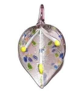 P2069 Purple Silver-Foil & Sparkle 57mm Lily Flower Lampwork Glass Pendant