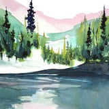 Mount Rainier, Colorful Landscape, Fine Art Watercolor, Bright Picture Decor, Mural Art, Pink, Teal Green, Blue Tones, Mountain Stream, mt
