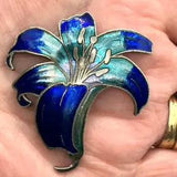Oriental Orchid Lily Flower Brooch Blue Cloisonne Enamel Costume Jewellery VTG