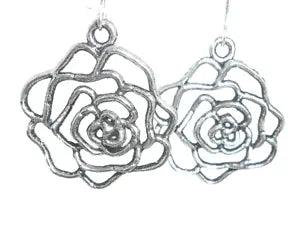 New  Lovely Open Light-weight Rose Peony Flower Silver-tone Dangle Earrings   2"