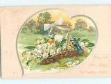 NEW LISTINGPre-Linen tuck BIRD SITS IN LILY OF THE VALLEY FLOWER BASKET 60.000 cards HJ4432