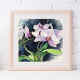 Print of Purple orchid watercolor print - purple flower painting on dark background, print on watercolor paper