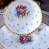 Rare Tuscan Tea Cup and Saucer, Pink Rose Bouquets, Floral Teacup Set, Scalloped Gold Trim, Made in England, Gift for Her, Vintage 1940s