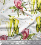Soimoi White Cotton Poplin Fabric Triangle|Leaves & Lily Flower-KmY