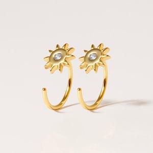 Sunflower Ear Hugger Earring, Open Huggie Hoop Earring, Gold Sunflower Ear Hugging in Sterling Silver, Tiny CZ Flower Earring, Her Gift