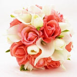 Coral and White Callas Tulips Roses Bridal or Bridesmaids Bouquet - add a Groom's Boutonniere Real Touch Roses Callas Wedding Flower Bouquet