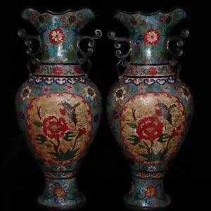 China Qianlong Year Cloisonne Enamel Bronze Peony Bird Flower Vase Bottle Pair