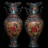 Cloisonne enamel bronze vase pair with peony and bird motif, blue and red floral decoration