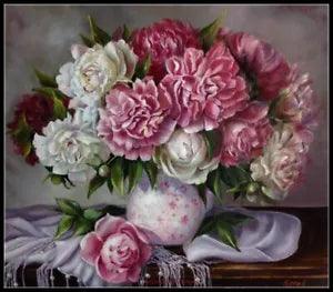 Peonies 9 - DIY Chart Counted Cross Stitch Patterns Needlework DMC Color 14 ct