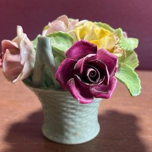 Staffordshire English Fine Bone China Rose Posy Bowl Floral Flower Basket Figural pretty in pink Vintage Mint Basket Capodimonte