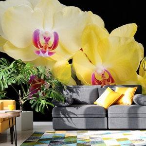 Yellow orchid photo wallpaper, self adhesive, removable, temporary peel and stick, floral wall mural