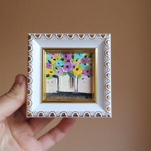 Roses Small floral Oil painting framed original 2x2 miniature magnet in flower Handmade Still life painting Original Painting Bouquet