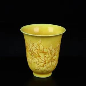 Chinese Yellow glaze Porcelain Handmade Float Carved peony flower Cup