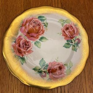 Queen Anne Heavy Gold Trim Bread and Butter Plate with Large Pink Roses
