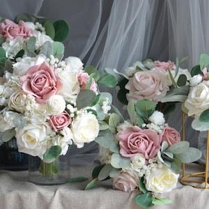 Dusty Pink Rose, Blush, Ivory Cream Bride Bouquet, Real Touch Artificial Roses, Lamb's ears, Boho Bouquet, Eucalyptus Wedding Bouquet