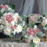 Dusty Pink Rose, Blush, Ivory Cream Bride Bouquet, Real Touch Artificial Roses, Lamb's ears, Boho Bouquet, Eucalyptus Wedding Bouquet