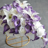 Purple Bridal Bouquet, Purple Bridesmaids Bouquets, Real Touch Calla Lilies, White Roses, Purple Boutonnieres, Purple Corsages