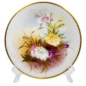 ANTIQUE PORCELAIN T & V LIMOGES HANDPAINTED CABINET PLATE CARNATIONS GOLD SIGNED