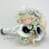 CHOOSE RIBBON COLOR - Blush, Navy and White Calla Lily and Rose Bouquet, Blush Bridesmaid Bouquet, Calla Lily Bouquet, Baby's Breath