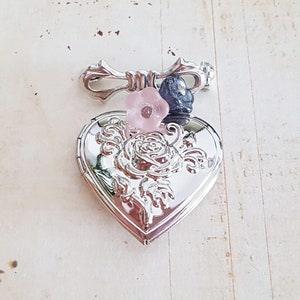 Vintage Silver Rose Heart Locket Pin Brooch with Flower Beads, Wedding Keepsake, Pin for Bouquet, Locket Charm Brooch, Space for 2 Photos