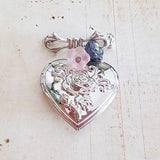 Vintage Silver Rose Heart Locket Pin Brooch with Flower Beads, Wedding Keepsake, Pin for Bouquet, Locket Charm Brooch, Space for 2 Photos