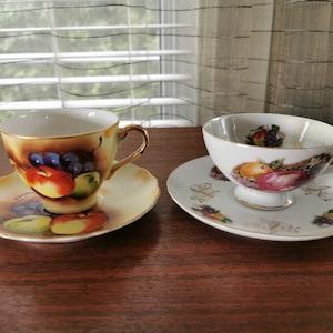 Fruits Tea Cups Set of 2 Japan Teacups, One Hand Painted One Lustreware Apples and Grapes, Bone China Porcelain