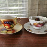Fruits Tea Cups Set of 2 Japan Teacups, One Hand Painted One Lustreware Apples and Grapes, Bone China Porcelain