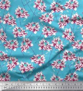 Soimoi Blue Cotton Poplin Fabric Peony Floral Fabric Prints By meter-FGE