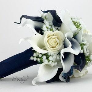 CHOOSE RIBBON COLOR - Navy Blue and Ivory  Calla Lily and Rose Bouquet, Navy Blue Bridal Bouquet, Calla Lily Bouquet, Baby's Breath, Wedding