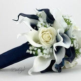 CHOOSE RIBBON COLOR - Navy Blue and Ivory  Calla Lily and Rose Bouquet, Navy Blue Bridal Bouquet, Calla Lily Bouquet, Baby's Breath, Wedding