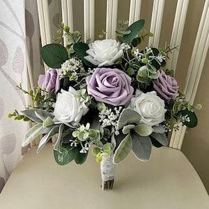 Boho wedding bouquet, lavender, white roses & greenery bridal bouquet, eucalyptus sage bridesmaid flowers, boutonni¡§¡§res, wrist corsage